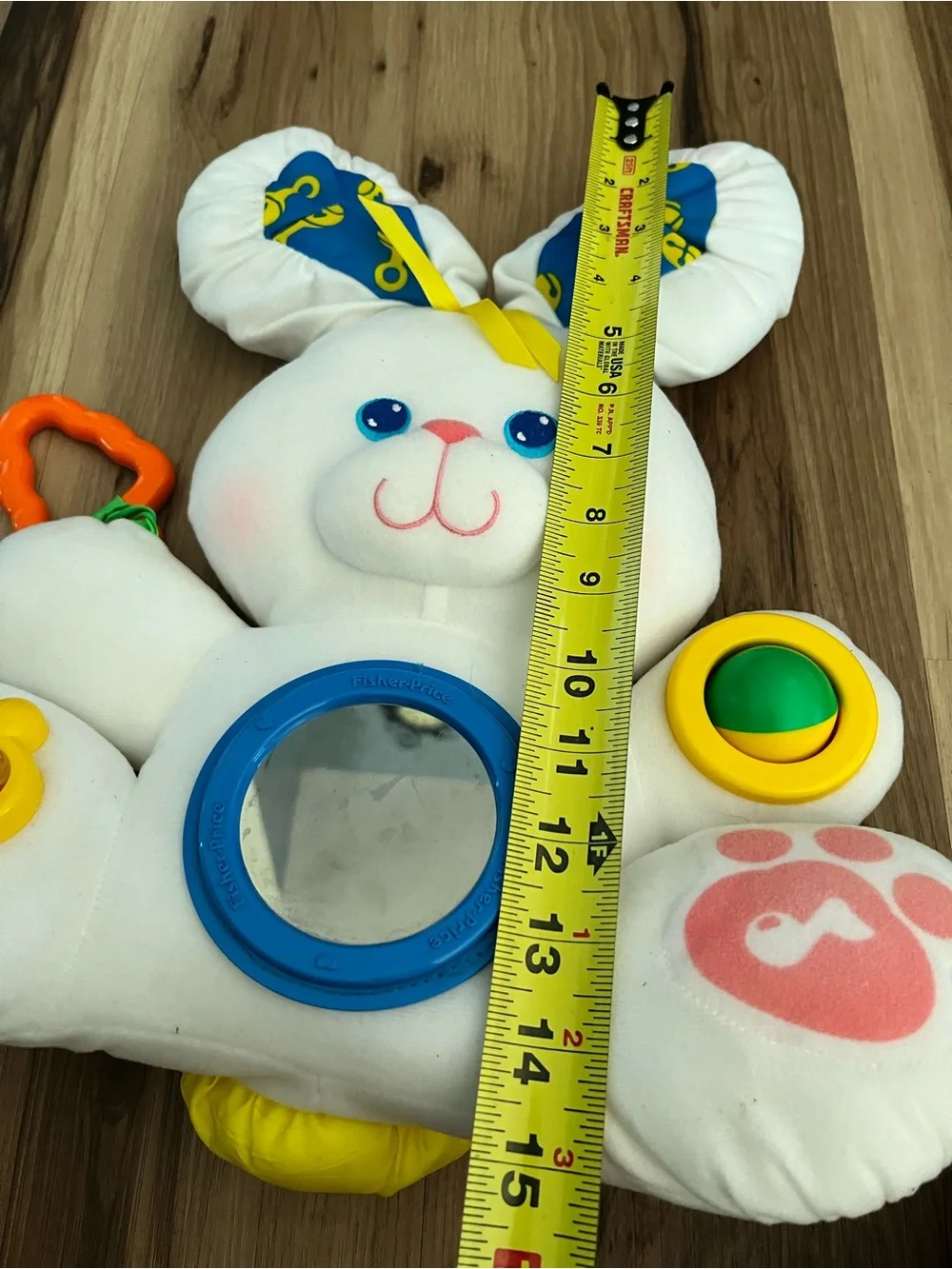 Vtg Fisher Price Activity Bunny Plush White Rabbit  Rattle Mirror Squeak 1989